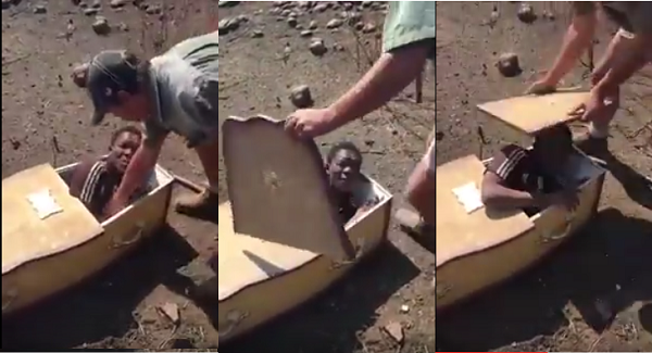 Video Surfaces Where White Men Forcefully Puts A Black Man In Coffin With Plans Of Burrying Him Alive In South Africa
